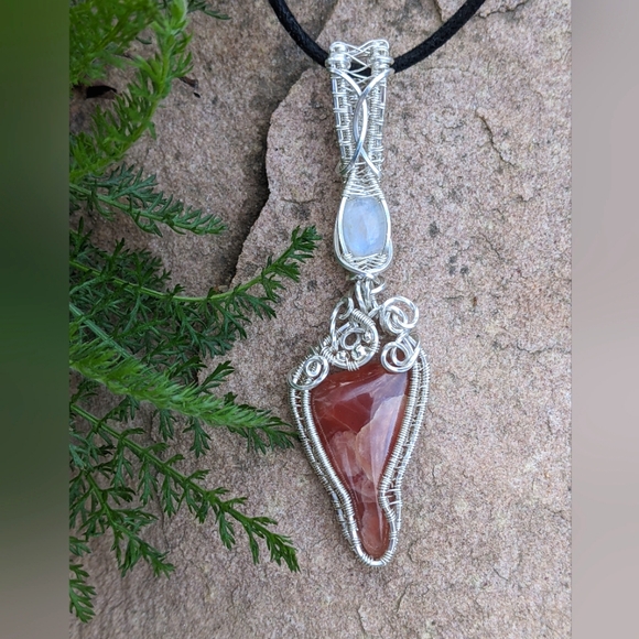 Sterling Silver Moonstone And Strawberry Rhodochrosite Pendant Necklace Handmade - Picture 3 of 17